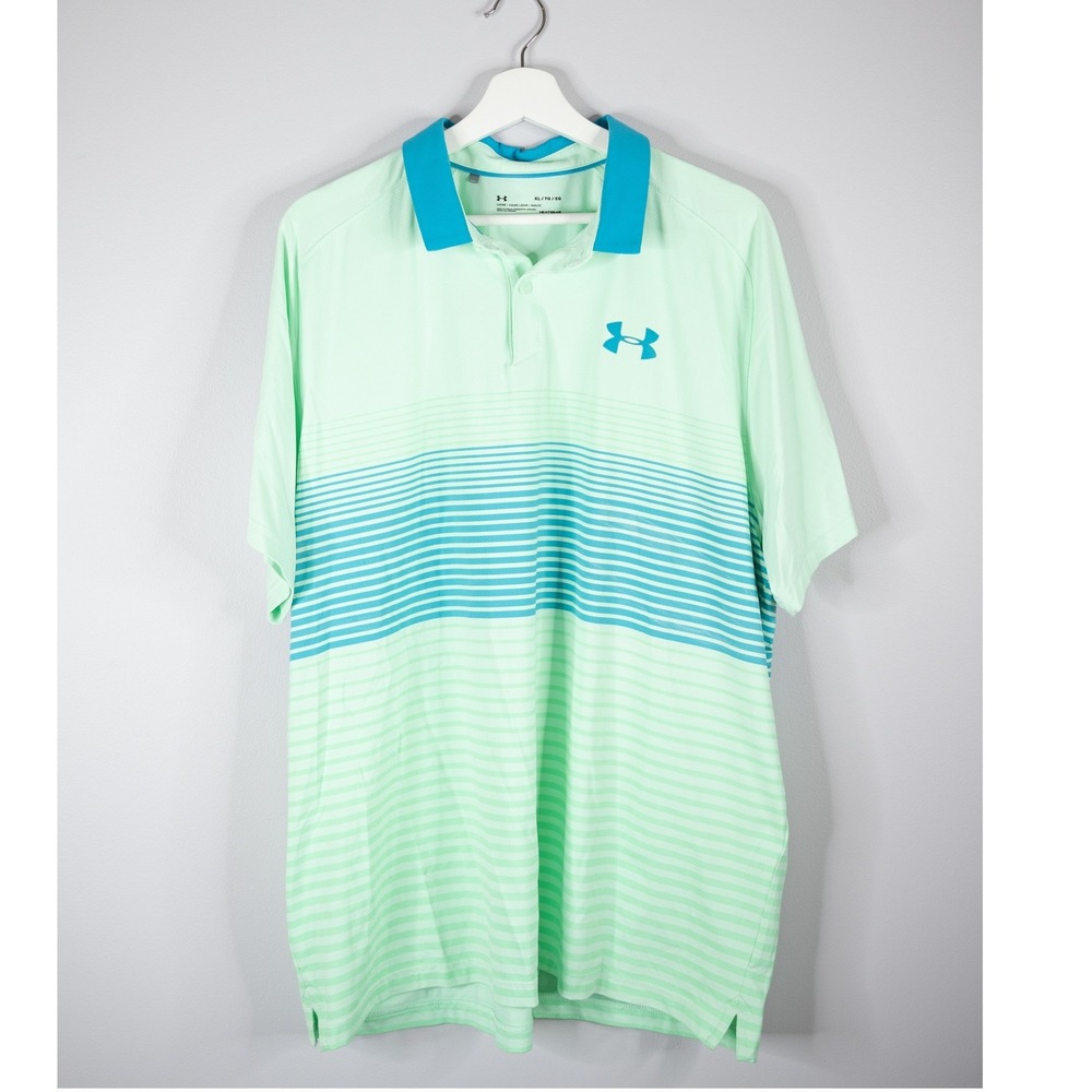 Under Armour Polo Shirt Mens XL Green Striped HeatGear Loose Fit golf athletic